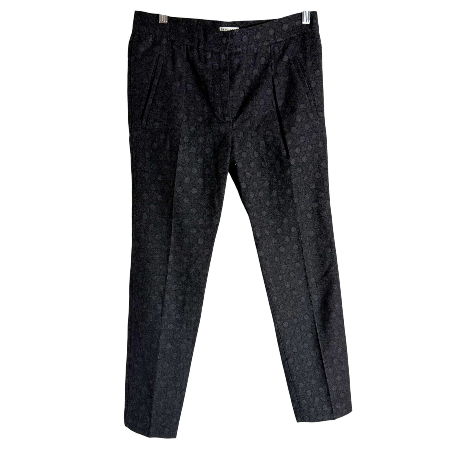 Brunello Cucinelli Gray Polka Dot Mid Rise Slim Fit Italian Virgin Wool Pants 4
